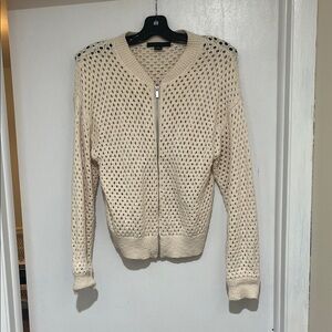 Light Cream Open-Knit Zip Front Women’s Sweater